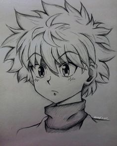 a drawing of a boy with short hair and big eyes, wearing a turtle neck sweater