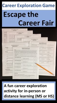 a poster with the words escape the career fair on it and four pieces of paper