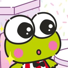 a cartoon frog with big eyes wearing a red and white striped shirt while standing in front of a mirror