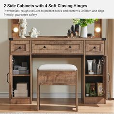 two side cabinets with 4 soft closing hinges and a bench in the middle