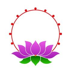 a purple flower with green leaves in the middle and a red circle around it on a white background