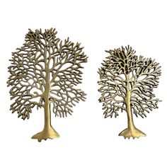 two metal tree sculptures sitting next to each other on a white background, one is gold and the other is silver