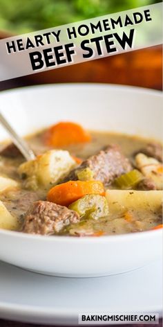 a bowl of hearty homemade beef stew with carrots and celery