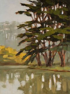 an oil painting of trees by the water