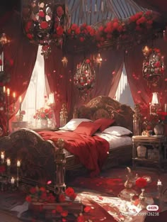 a bedroom decorated in red and gold with roses on the bed, chandelier