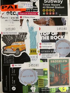 an assortment of stickers and decals on a piece of paper with the statue of liberty