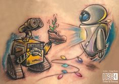 Walle Disney Tattoo, Wall E Tattoo Disney, Wall E Tattoo Design, Walle And Eve Tattoos, Wall E And Eve Tattoo, Wall E Tattoo, Wall E Y Eva, Eeyore Tattoo