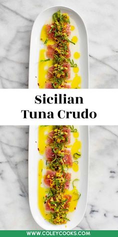 a white plate topped with food on top of a marble counter next to the words sicilian tuna crudo