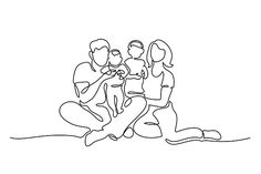 one continuous line drawing of three people sitting on the ground