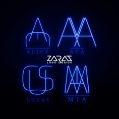 three neon signs with the names of different brands in blue and white on a black background