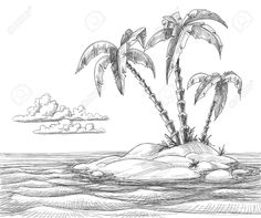 a pencil drawing of two palm trees on an island in the middle of the ocean