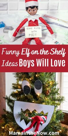 Don't do another Elf on the Shelf season without these super fun ideas for boys! These Elf on the Shelf ideas are perfect for boy moms everywhere! Even our older kids have enjoyed these Elf on the Shelf tricks and Elf on the Shelf adventures. #ElfontheShelf #BoyMom #ElfontheShelfforBoys #ElfontheShelfIdeas #MamaintheNow #Christmas Elf Decorating Christmas Tree, Funny Elf On A Shelf Ideas, Elf On The Shelf Rainy Day, Rlf On The Shelf Ideas For Kids For Boys, Elf On The Shelf Tricks, Elf Ideas Easy, Elf Kit, Hygge Christmas, Awesome Elf On The Shelf Ideas