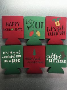 six beer can holders with different sayings on each one, including happy holidays and let's get lit up