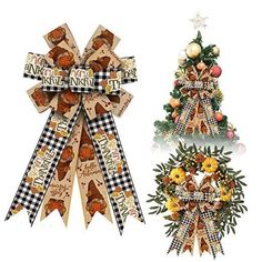 two christmas wreaths with bows and decorations on them, one is decorated like a tree