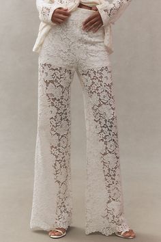 Made from SANS FAFF's in-house sheer floral lace fabrication, the London Lace Flared Pants are fitted at the waist and hips, gradually flaring into a bell-bottom silhouette. | London Lace Flared Pants by SANS FAFF in White, Women's, Size: Large, Cotton at Anthropologie Bridal Pants Outfit, Lace Pants Outfit, Lace Flare Pants, White Lace Pants, Upcycled Ideas, White Pants Outfit, Boheme Chic, Party Pants, Lace Pants