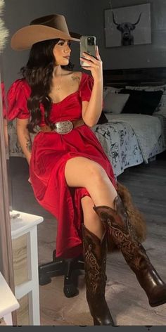 Red Dress And Cowboy Boots, Elegant Mexican Outfit, Hacienda Style Outfits, Mexican Rancho Outfits, Broken Bow Outfits, Western Outfits Women For Wedding, Red Dress With Cowboy Boots, Birthday Western Outfits, Cowboy Christmas Outfits For Women