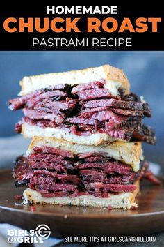 two beef sandwiches stacked on top of each other with the words, homemade chuck roast pasta recipe