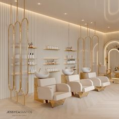 a salon with white chairs and gold accents