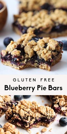 blueberry pie bars with oatmeal crumbs on top and the words gluten free