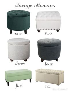 four different types of ottomans with the words, storage ottomans and footstools