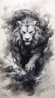 a black and white painting of a lion