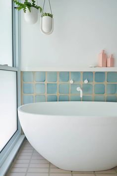 a white bath tub sitting in a bathroom next to a window with plants hanging above it