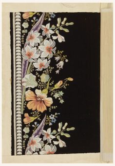 an embroidered piece with flowers and leaves on black background, framed against a wooden frame