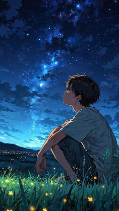 a boy sitting in the grass looking up at the stars