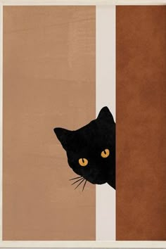 a black cat peeking out from behind a brown and white striped wall with yellow eyes