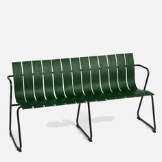 a green bench with black metal legs on a white background