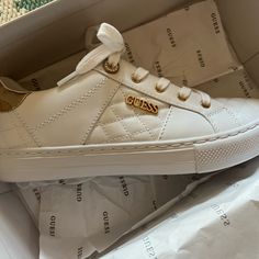 Very Cute, White And Gold Sneakers Still In The Box Never Worn White And Gold Sneakers, Shoes Tennis, Gold Sneakers, Guess Shoes, Shoes Color, Gold Details, Tennis Shoes, The Box, Womens Shoes Sneakers