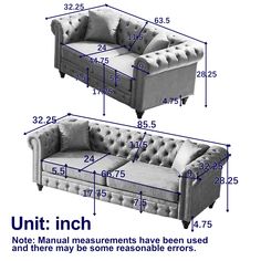 an image of a couch and loveseat with measurements for each section on it