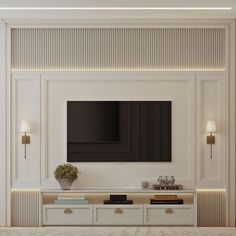 a living room with white walls and beige furniture in the center, along with a painting on the wall