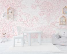 a child's room with pink flowers on the wall and a white cat bed