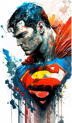 a painting of a man wearing a superman suit with paint splatters on it