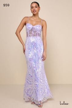 The most special night deserves the most special look, which is why you'll instantly know that the Lulus Perfection Seeker Lavender Iridescent Sequin Bustier Maxi Dress is the one! A sparkly display of iridescent sequins, silver beaded details, and faux pearls create an eye-catching floral design across a sheer mesh overlay as it shapes a bustier-inspired bodice with seamed cups, corset-style panels throughout, and a sweetheart neckline, all supported by adjustable spaghetti straps. The high, fi Iridescent Prom Dress, Sequin Bustier, Sequin Mesh Dress, Inexpensive Prom Dresses, Purple Bridesmaid, Iridescent Sequin, Purple Bridesmaid Dresses, Affordable Prom Dresses, Dress Mermaid