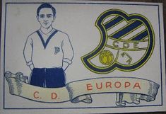 a drawing of a man standing in front of a crest with the name c d europa on it