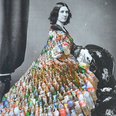 a woman is sitting on a chair covered in bottles and plastic cups that are stacked together