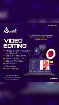 an advertisement for a video editing course with a laptop and camera on the screen in front of it