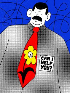 an image of a man with a red tie and yellow flower on his shirt that says can i help you?