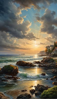 a painting of the sun setting over an ocean with rocks and houses in the background