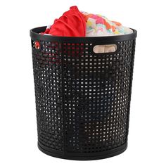 a black trash can filled with clothes and a red cloth in it's lid