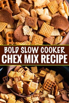 a bowl filled with chex mix and the words, bold slow cooker chex mix recipe