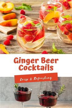 two glasses filled with fruit and ice on top of a wooden table next to other drinks