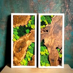 two framed pictures with green trees in them on a wooden table next to a wall