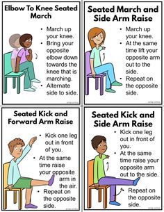 four different signs showing how to use an arm rester for sitting on a chair