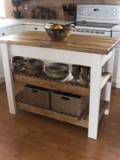 a kitchen island with two baskets on it