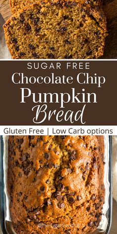 a loaf of chocolate chip pumpkin bread with text overlay