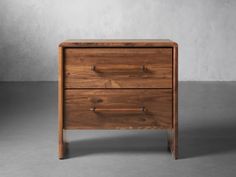 a wooden nightstand with two drawers on one side and an open drawer on the other