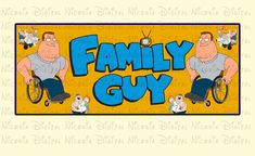 the family guy logo with two men in wheelchairs and one is holding a dog